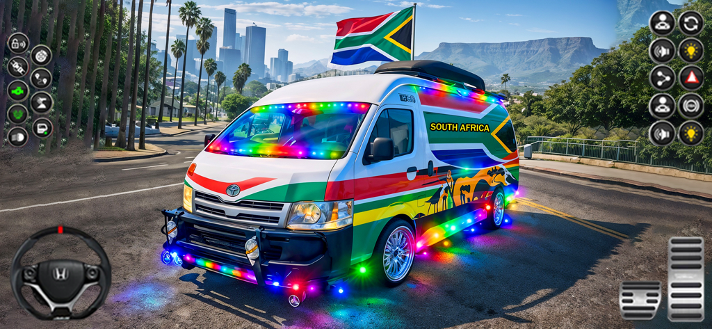 Dubai Van Simulator Games 3D - Una furgoneta altamente personalizada con luces de neón y una bandera sudafricana en el entorno de Dubai Van Simulator Games 3D.