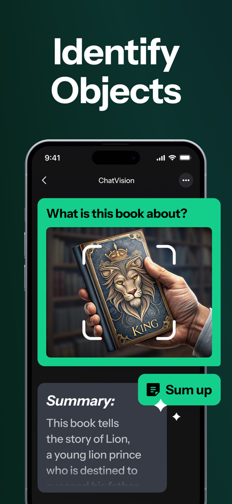 ChatVision - AI Chatbot Expert - ChatVision mobile app interface demonstrating AI object identification and book summarization.
