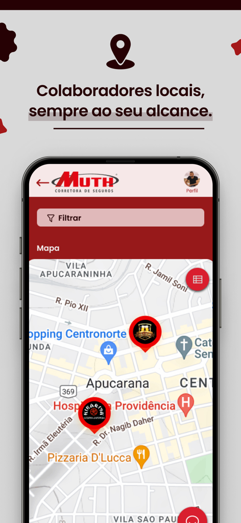 Interfaz de mapa de la aplicación Muth Corretora que resalta las ubicaciones de los socios locales