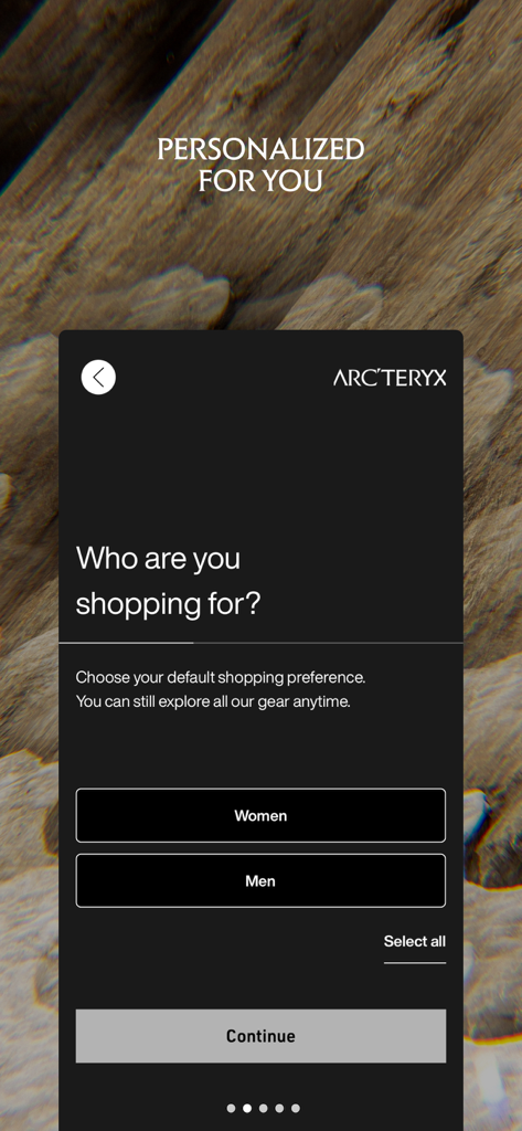 Arcteryx app personalization screen asking the user who they are shopping for with options for Women or Men