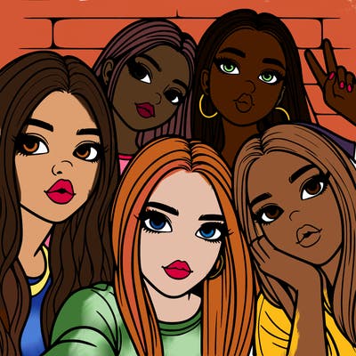 group of teen girls friends y2k up close in a selfie