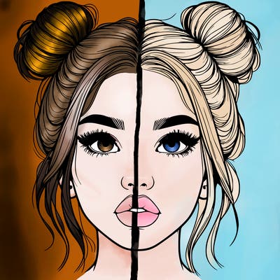 realistic girl with two buns on her hair and lips