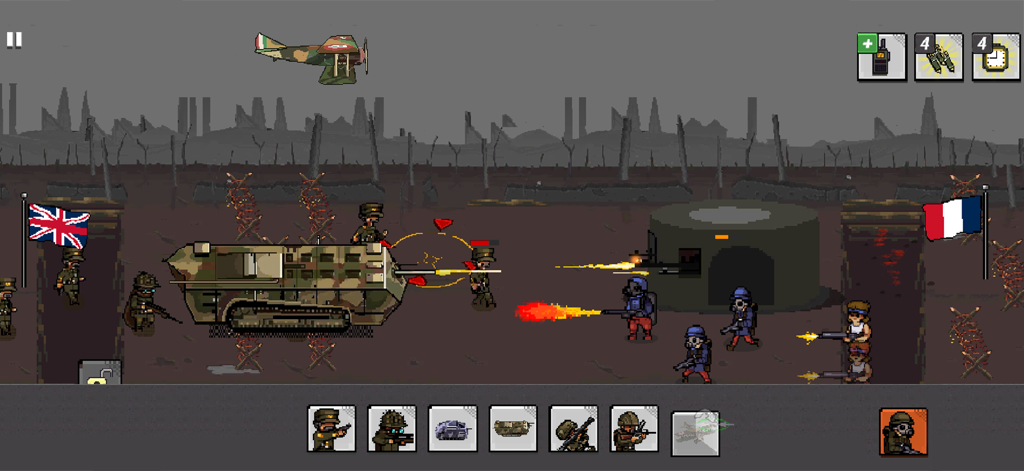 Juego de estrategia de la Primera Guerra Mundial en pixel art que muestra tanques y soldados en una batalla de trincheras