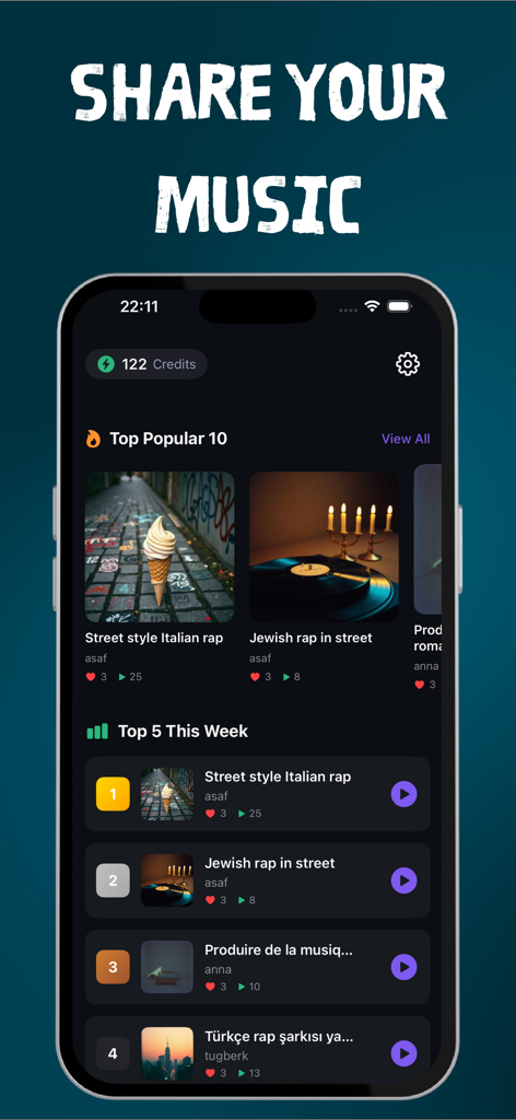 AI Music Generator – Lriza - La pantalla de listas de la comunidad de la aplicación Lriza AI Music Generator que muestra las pistas populares y las clasificaciones semanales.