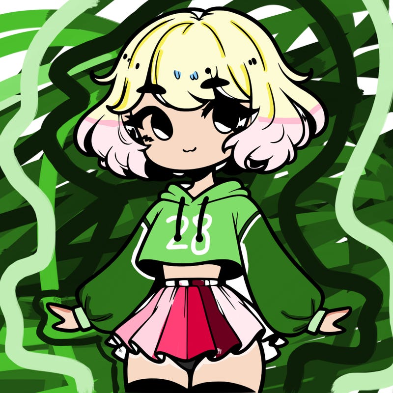 cute femboy with short, fluffy hair that softly frames their face, wearing a cropped hoodie, paired with a flouncy short skirt, and thigh-high stockings