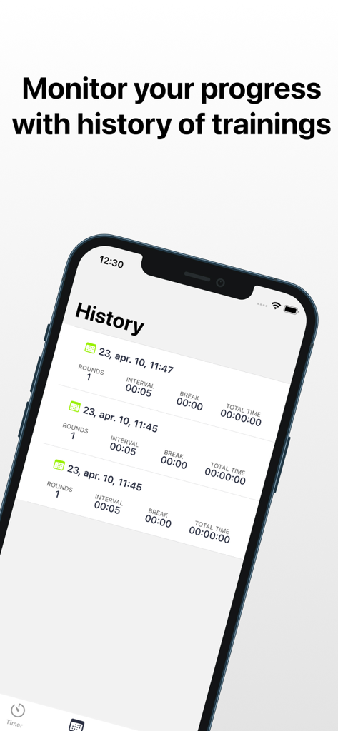 Crossfit Timer & Gym Training - Pantalla del iPhone que muestra los registros del historial de entrenamiento y el progreso del entrenamiento en la aplicación Crossfit Timer