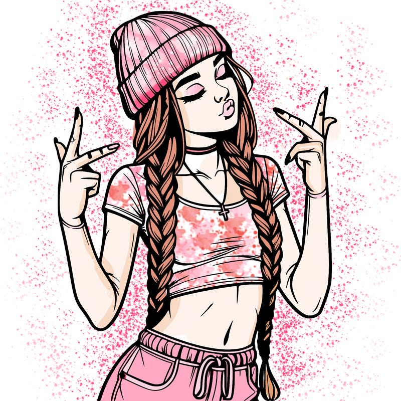 realistic teenage girl with braids and a beanie and crop top doing 🫶🏼