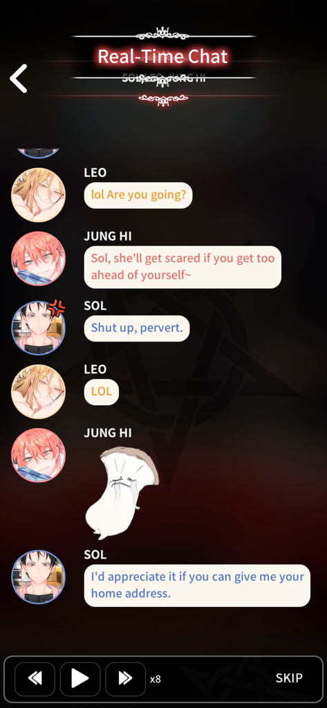 LoveUnholyc - Real time chat interface in the LoveUnholyc app showing a conversation with anime style character avatars