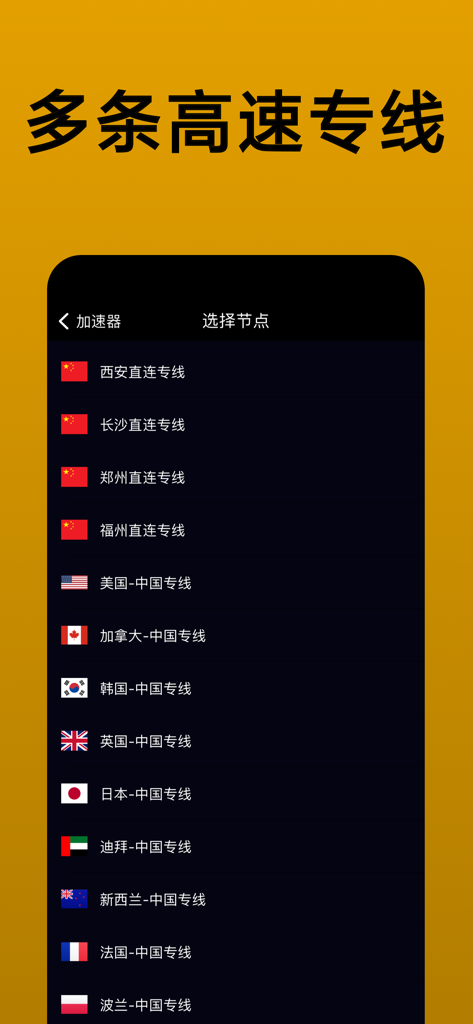 VPN - 速链VPN加速器&VPN网络回国加速器 - Schermata dell'app che mostra un elenco di nodi server ad alta velocità per tornare in Cina