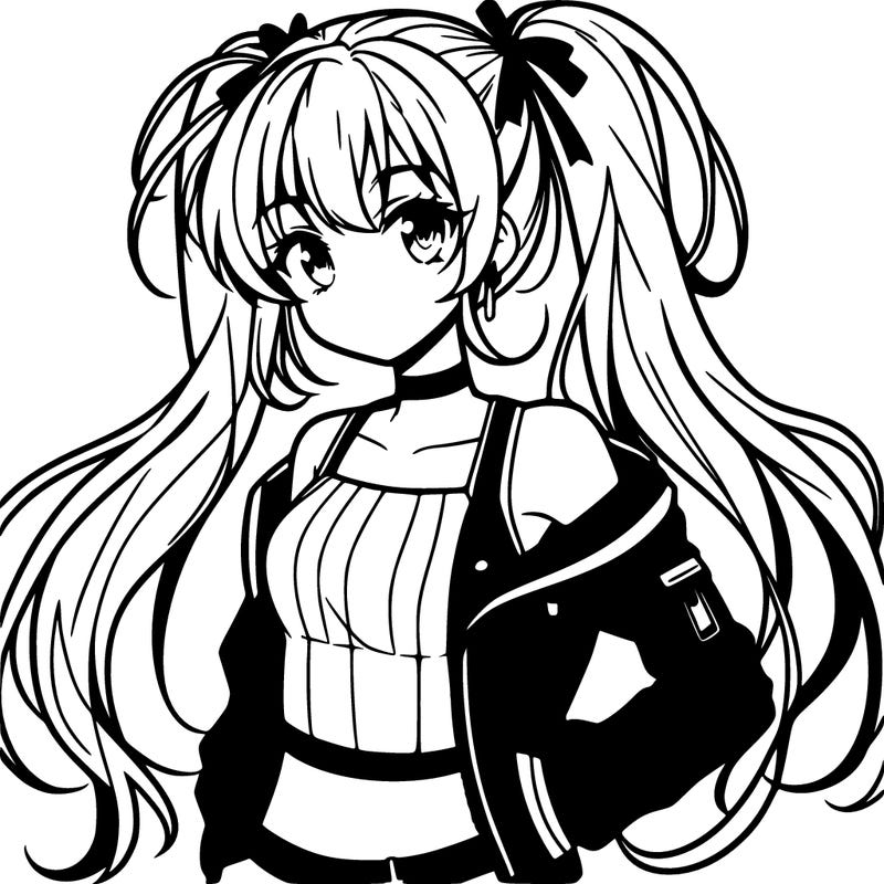 anime girl with low ponytail wearing a crop top and a leather jacket