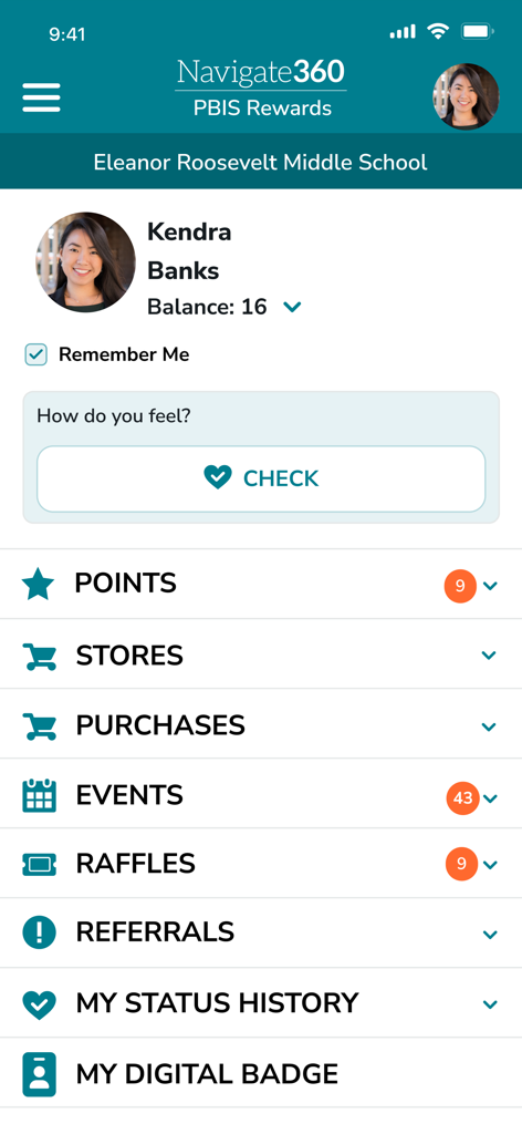 PBIS Rewards Student - Painel do aplicativo PBIS Rewards Student mostrando o saldo de pontos de um aluno, eventos e menu de recompensas.