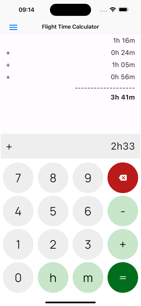 Interface do aplicativo Calculadora de Tempo de Voo mostrando uma lista de horas e minutos de voo adicionados