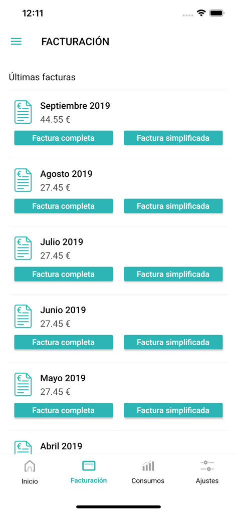 A screen showing monthly invoice history and billing details within the Mi PTV mobile app