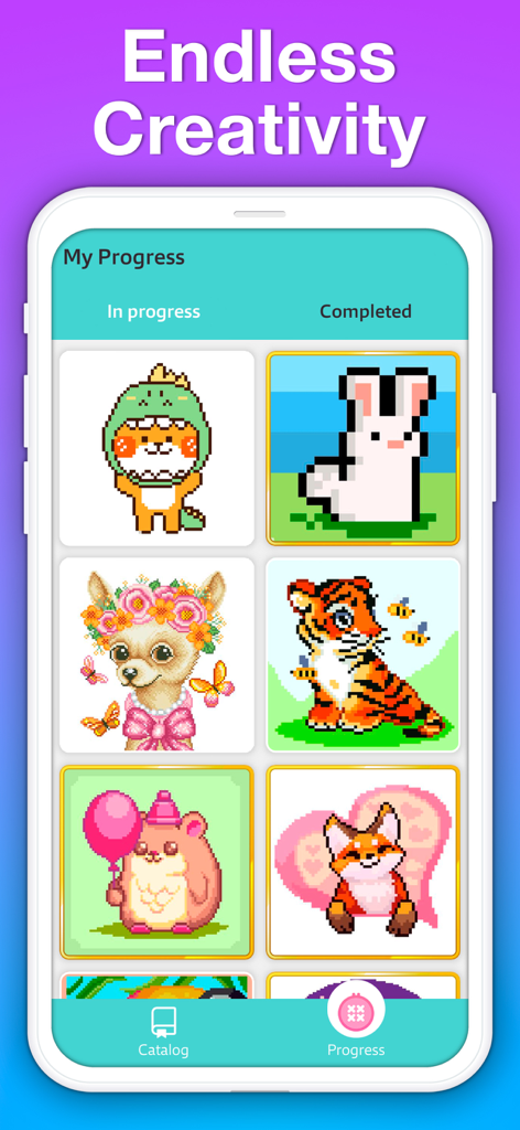 Una colección de diseños de arte pixelado de animales completados, incluyendo un tigre, un conejo y un zorro en la galería de la aplicación PixelArt Saga