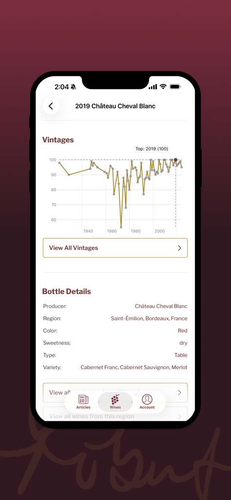 Robert Parker - Robert Parker Wine Advocate mobile app showing wine details and vintage rating chart