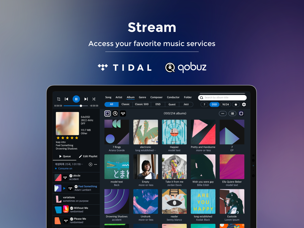 Aurender Conductor V5 - Aurender Conductor V5 app on iPad showing integrated Tidal and Qobuz music streaming services