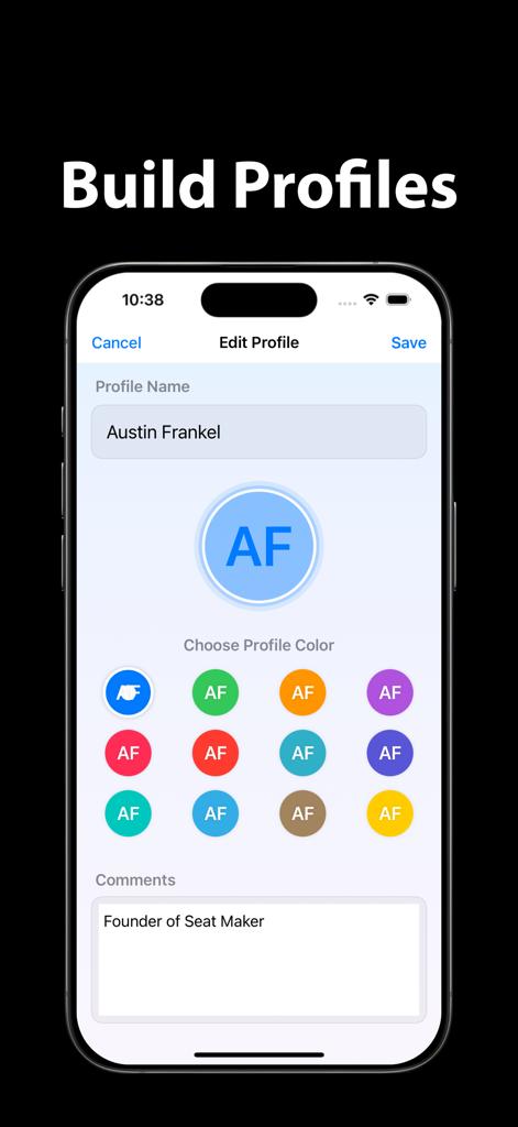 Interfaz de la aplicación móvil para crear perfiles de invitados con nombres personalizables y colores de avatar