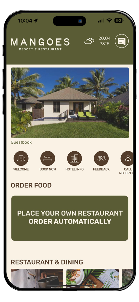 Mangoes Resort - Interfaccia dell'app Mangoes Resort che mostra informazioni sull'hotel, opzioni di prenotazione e un pulsante per ordinare al ristorante.