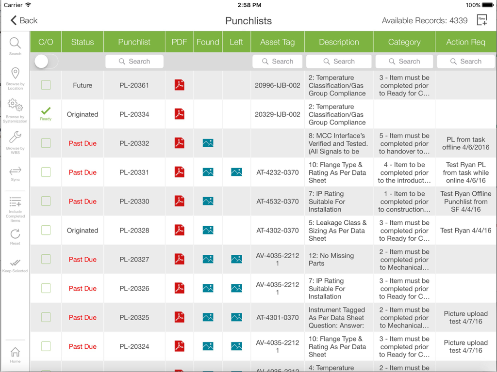 Smart Completions Legacy app interface displaying a punchlist table with asset tags and task statuses on an iPad