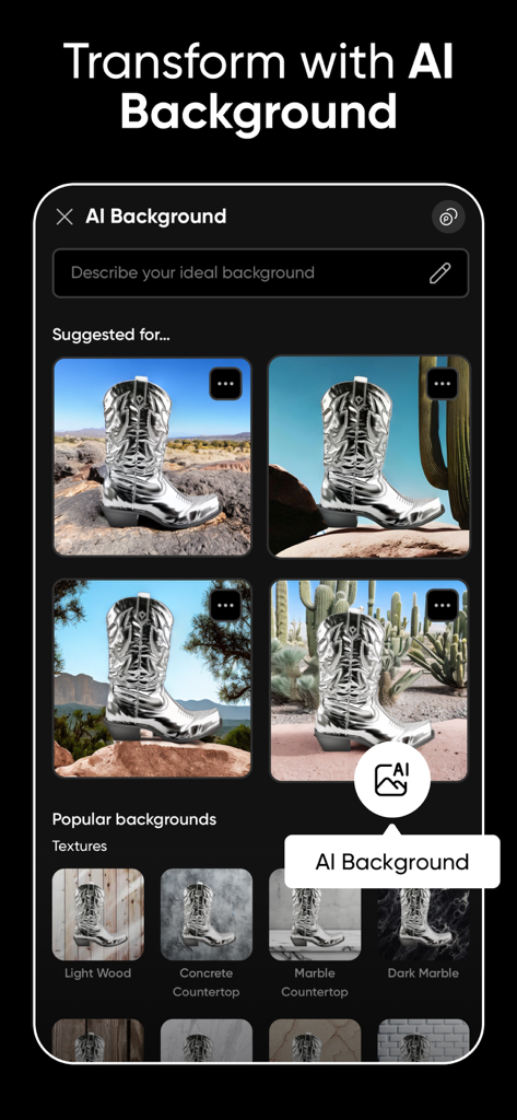 Interface of Picsart app showing the AI Background tool transforming a product photo of a chrome boot with different desert and texture backgrounds