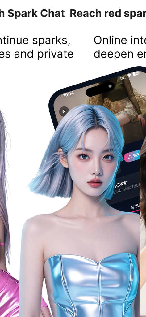 Spark - AI Metaverse Dating - Um avatar companheiro de IA futurista para o aplicativo Spark Metaverse Dating apresentando uma mulher com cabelo azul