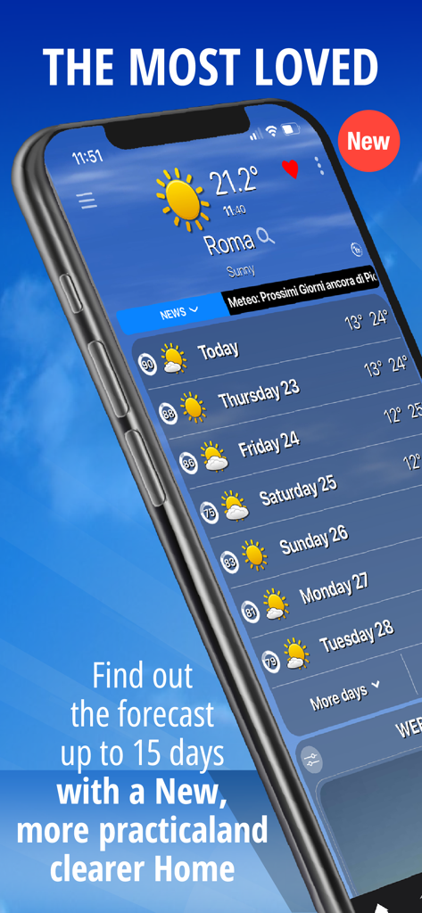 Interfaccia dell'app Meteo che mostra una previsione meteo di 15 giorni per Roma con percentuali di affidabilità