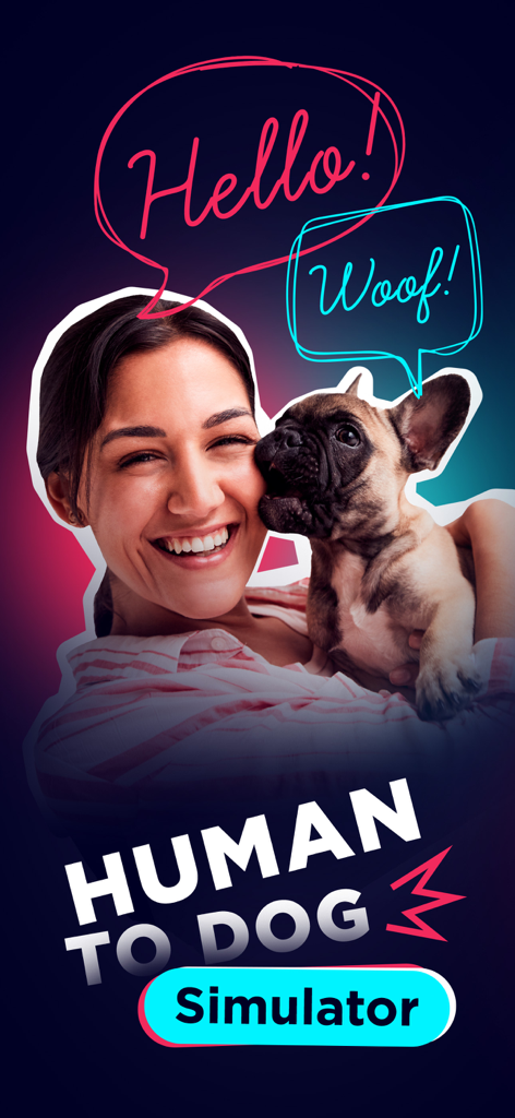 DogTok - A smiling woman holding a puppy with speech bubbles illustrating human to dog communication