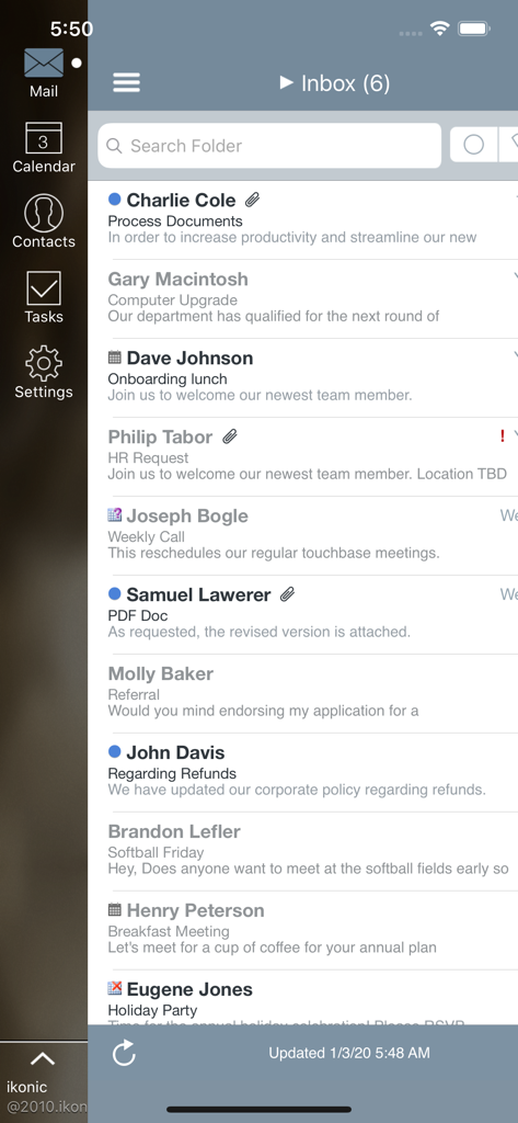 Mail+ for Outlook - Interfaz de la bandeja de entrada de la aplicación Mail Plus para Outlook mostrando una lista de correos y menú de navegación lateral.