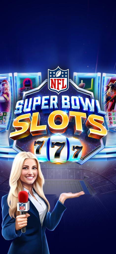 NFL Super Bowl Slots Casino - NFL Super Bowl Slots title screen featuring a sports reporter and lucky triple seven slot machine reels in a football stadium