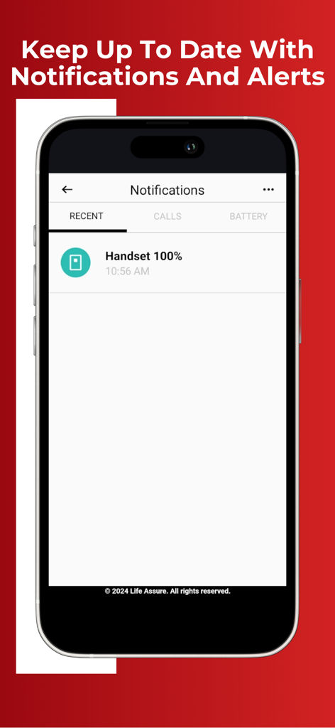 Premium Portal by Life Assure - Notifications screen showing battery status for a medical alert device