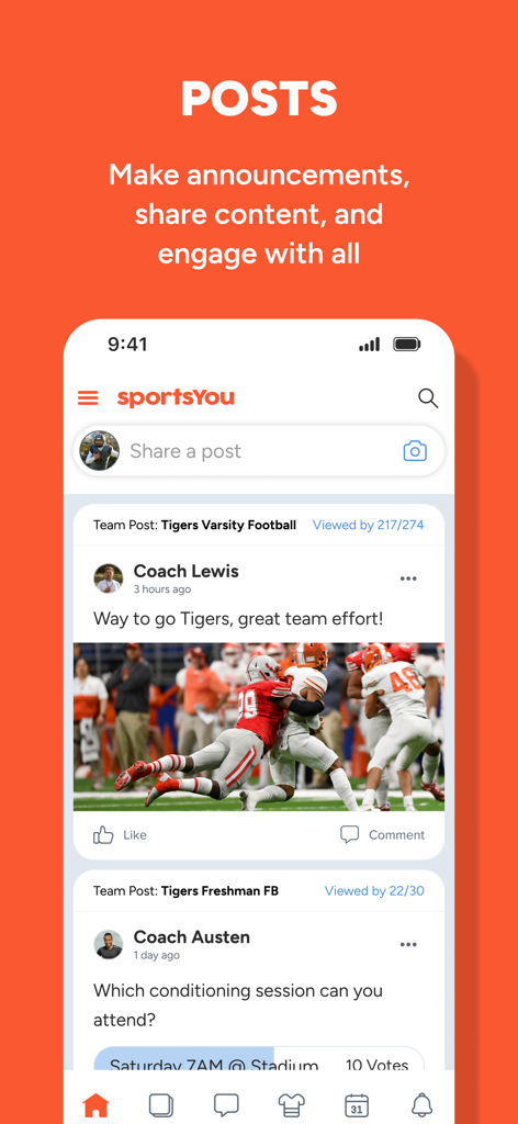 sportsYou-App-Bildschirm mit Teamposts und Ankündigungen von Trainern