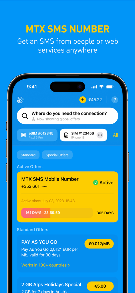 MTX Connect app interface showing an active international SMS mobile number and global travel data offers.