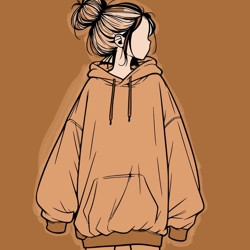 realistic girl with a oversized sweatshirt on and a bun