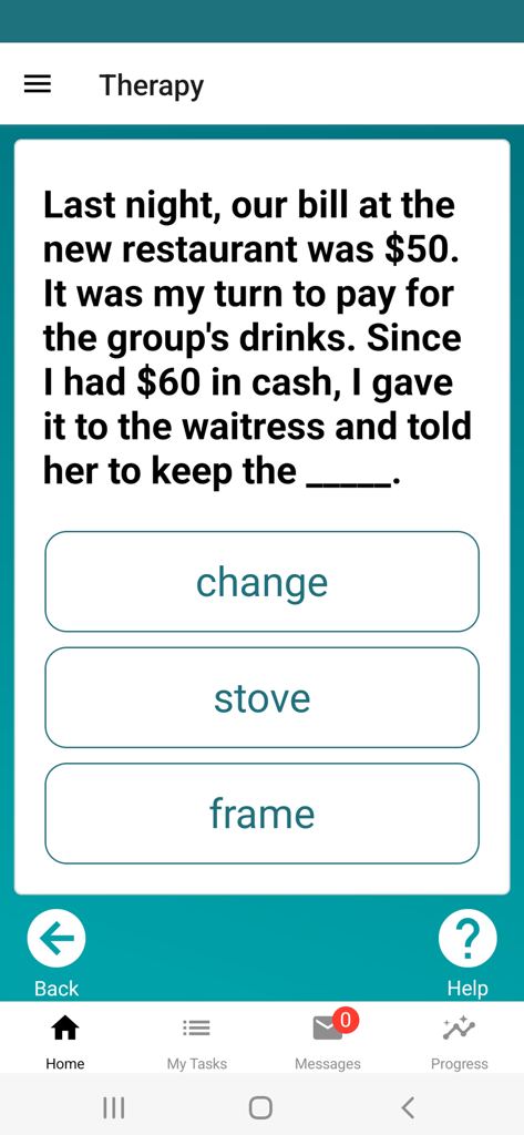 A reading comprehension exercise in the My Aphasia Coach app showing a sentence completion task for speech therapy