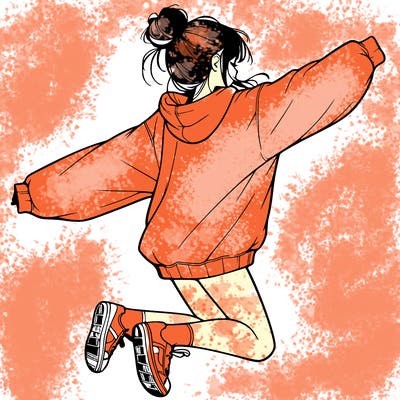 realistic girl jumping with a bun and oversized sweatshirt