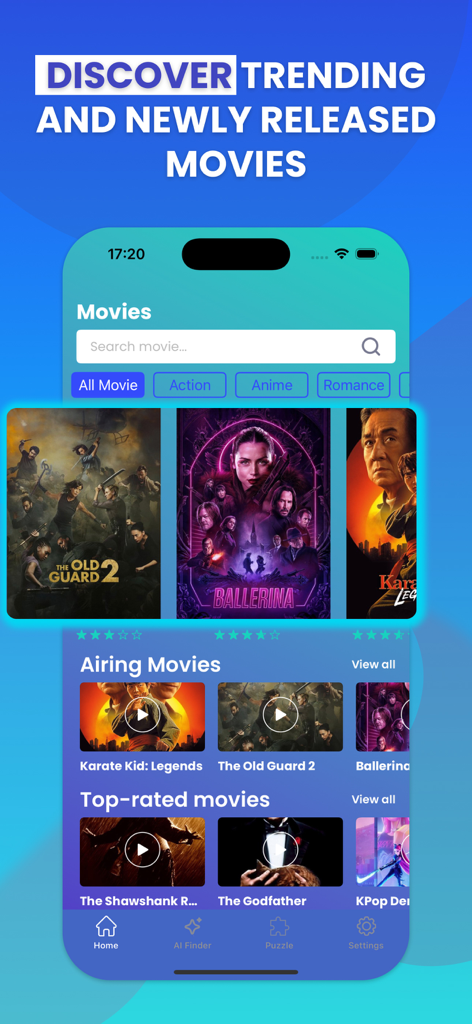 Crackle : Movies and Tv Shows - Pantalla de inicio de la aplicación Crackle que muestra películas de moda y las mejor valoradas con una barra de búsqueda y filtros de género.