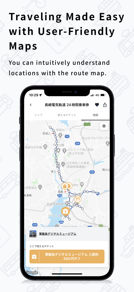 RYDE PASS - E-ticketing App - RYDE PASS app screenshot showing an interactive transit route map in Japan with local ticket information