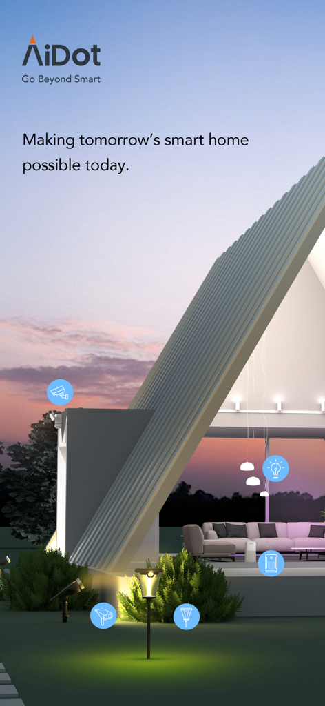 Modern smart home exterior at dusk showing AiDot app icons for security and lighting