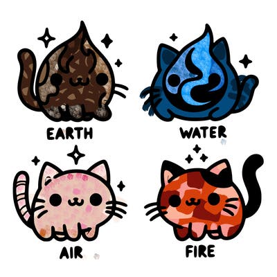 4 cats that represent the different elements, earth, water, air, and fire