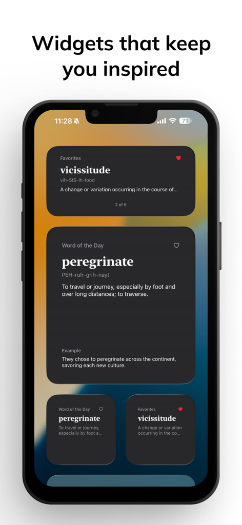 Eloquence - Speak Smarter - An iPhone home screen displaying several Eloquence app widgets with high-register vocabulary words like peregrinate and vicissitude.