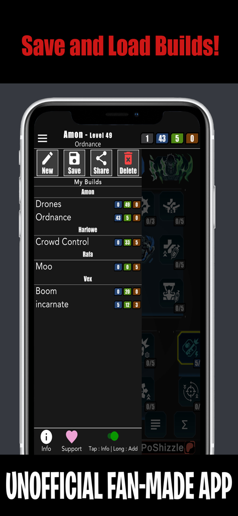 Interface of the Borderlands 4 Skill Tree app showing a list of saved character builds with options to save and load.
