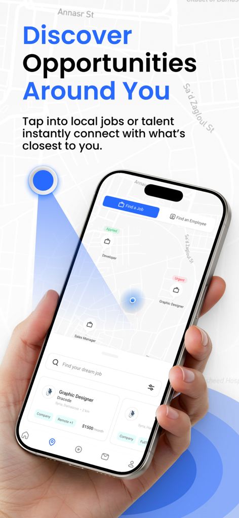 Amali - Amali app interface displaying an interactive map to discover local job opportunities nearby.