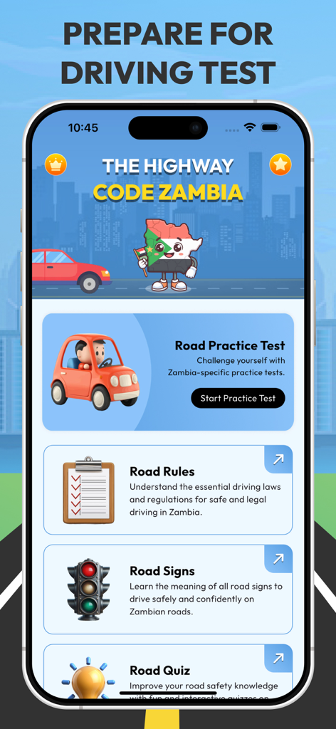 Home screen of The Highway Code Zambia app featuring sections for Road Practice Test, Road Rules, Road Signs, and Road Quiz.