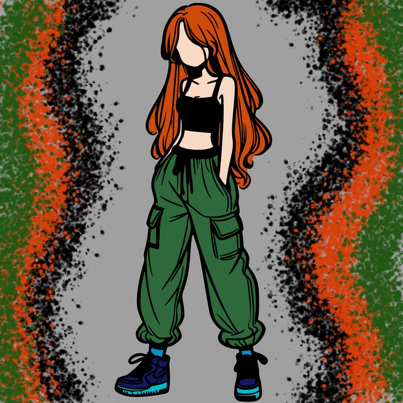 girl in baggy pants crop top and long hair