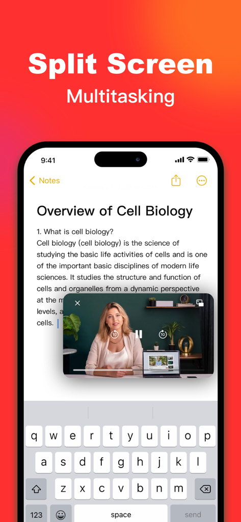 iPhone画面でPiP Splitwareを使用して、メモを取りながらチュートリアルビデオを視聴しています
