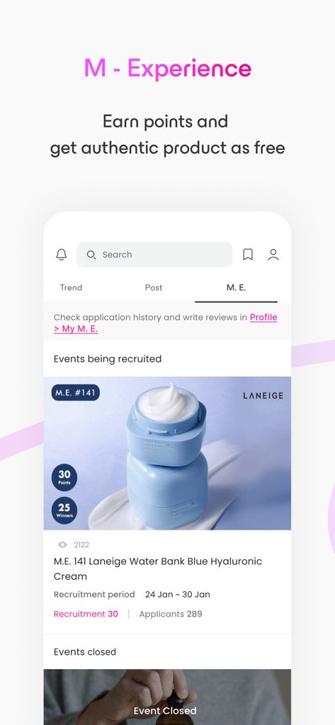 Mobile app interface for Maccaron showing a K-beauty product giveaway event for loyalty points.