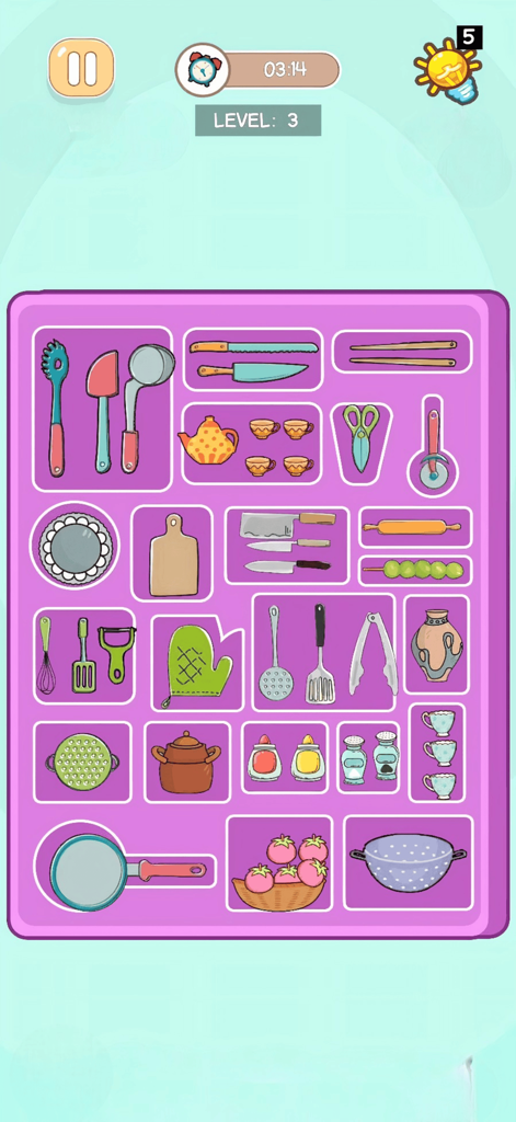 Perfect Satisfying: ASMR Tidy - Un nivel de puzzle de organización de cocina en el juego móvil Perfect Satisfying ASMR Tidy con utensilios y utensilios de cocina ordenados