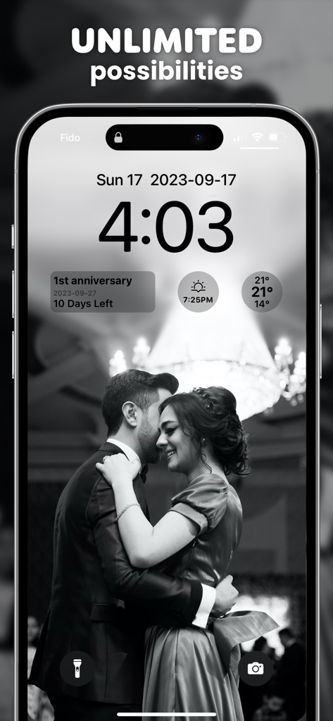 Custom iPhone lock screen with aesthetic anniversary countdown and weather widgets over a black and white photo