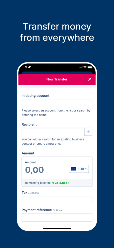Mobile interface of the George Business app showing the screen to initiate a new money transfer