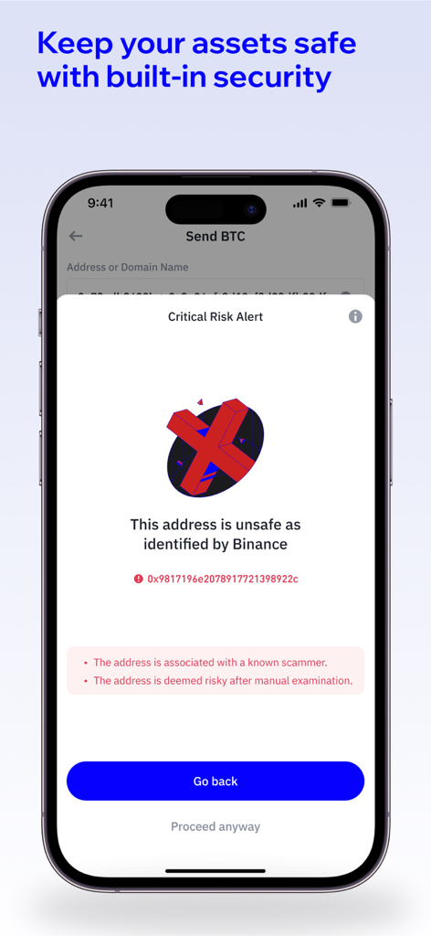 Trust Wallet mobile interface displaying a critical risk alert warning the user about an unsafe crypto address associated with a scammer